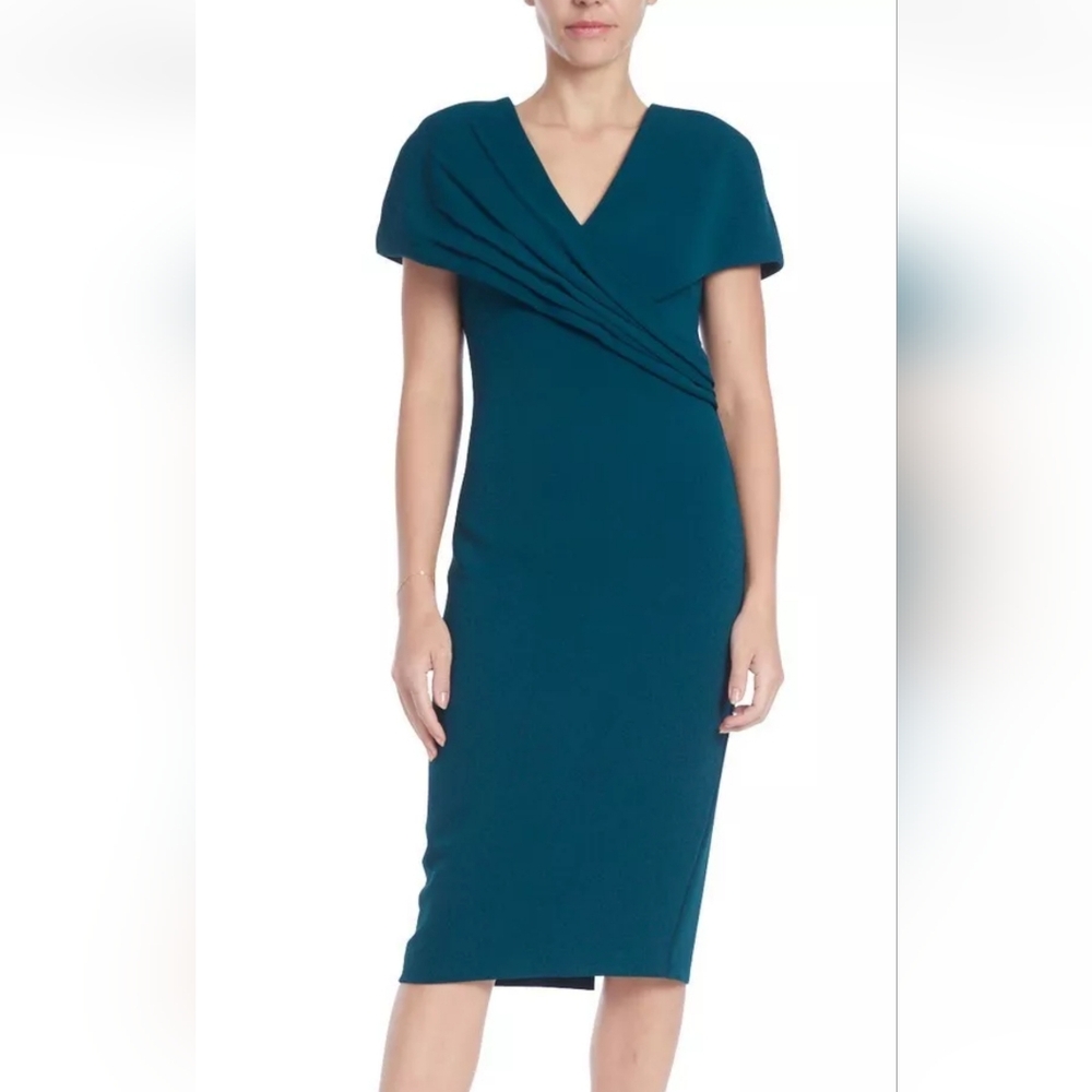 Badgley Mischka Green and Blue Sheath Dress with Flutter Sleeves